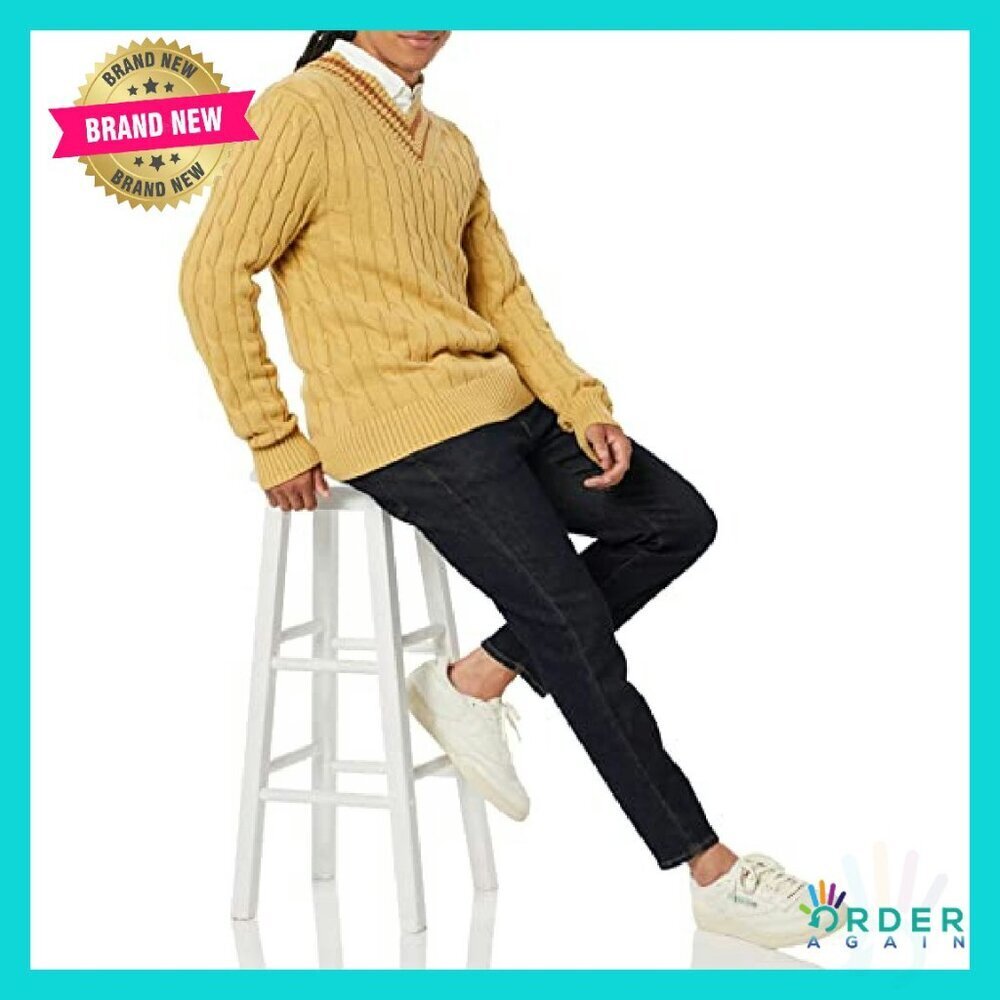 Men's Cable Knit V-Neck Sweater Classic Minimal Preppy Layering Essential - Picture 4 of 8